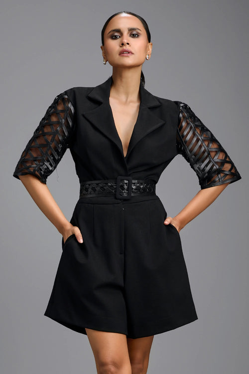 Black Playsuit with Mesh Sleeves