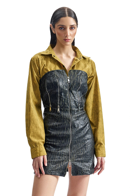 Cracked Leather Hybrid Shirt Dress