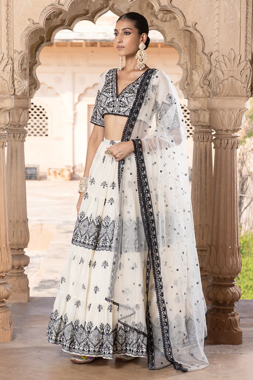 Black and White Ambi Lehenga with Embroidered Dupatta