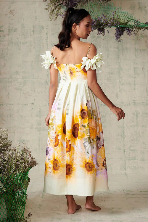 Sunflower Placement Off Shoulder Dress
