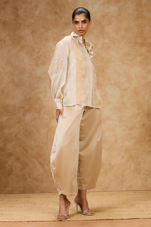 Ivory Gold Striped Shirt And Pants Set