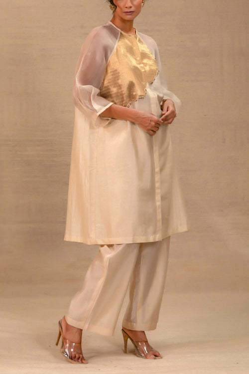 Eeda Ivory Silk Kurta Set With Asymmetrical Patchwork