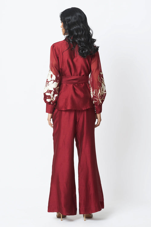 Burgandy Reva Blazer Wrap Top and Wide-Leg Pant