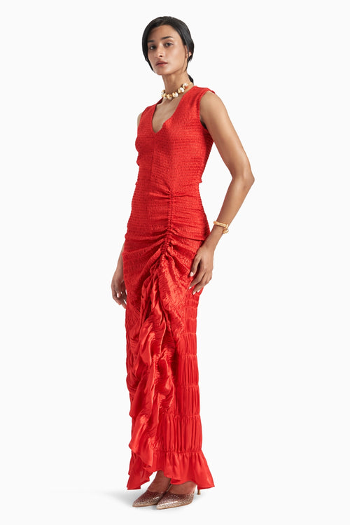 Red V Neck Scale Smocked Side Gathers Dress