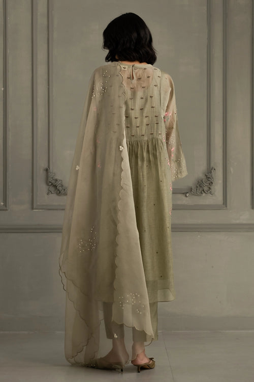Sage Green Gathered Embroidered Tunic Set