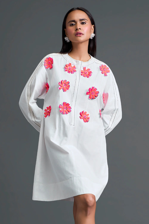 White Floral Patch Pocket Dress