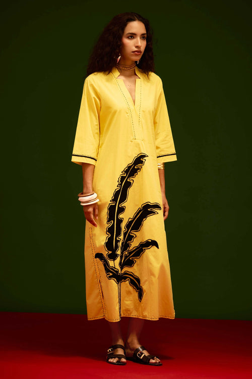 Mango Yellow Leaf Motif Embroidered Dress