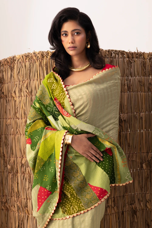 Green Patchwork Bandhani Palla Saree