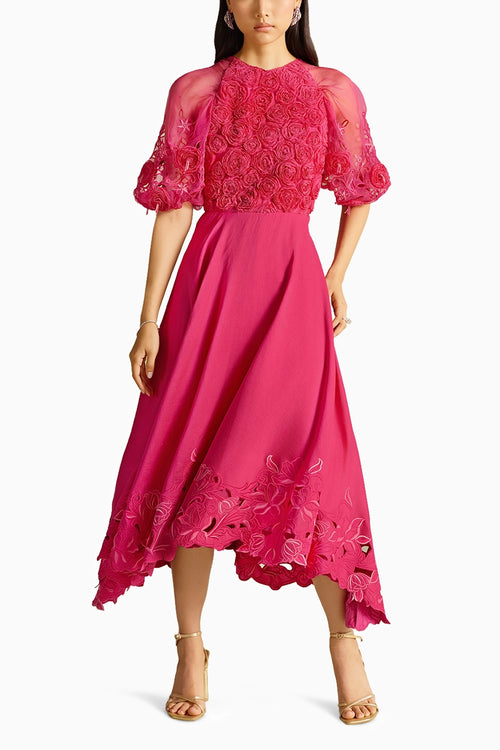 Fuchsia 3D Rose Applique & Cutwork Flounce Dress