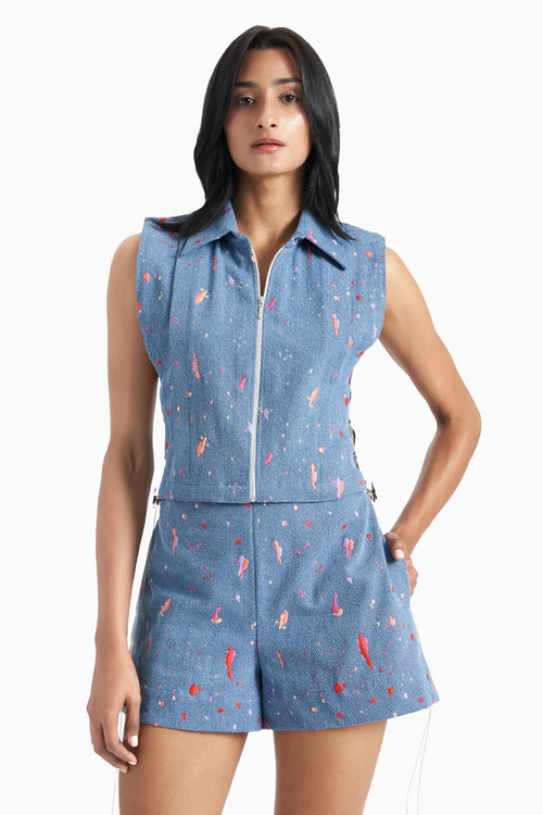 Blue Denim Embroidered Pleated Collared Bib And Shorts Set