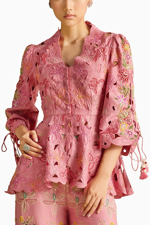 Pink Cutwork Peplum Jacket