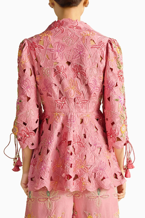 Pink Cutwork Peplum Jacket