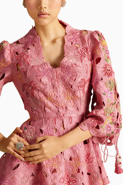Pink Cutwork Peplum Jacket