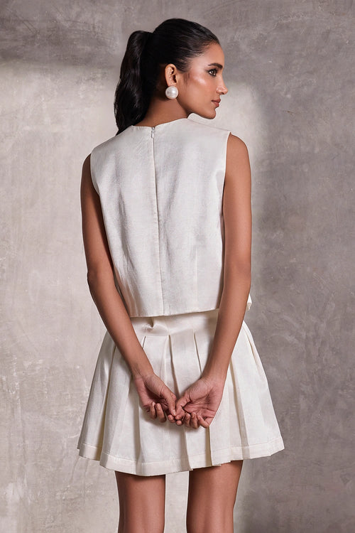 Ivory Gajji Silk Sleeveless Top With Ivory Ghaji Silk Box Pleat Short Skirt
