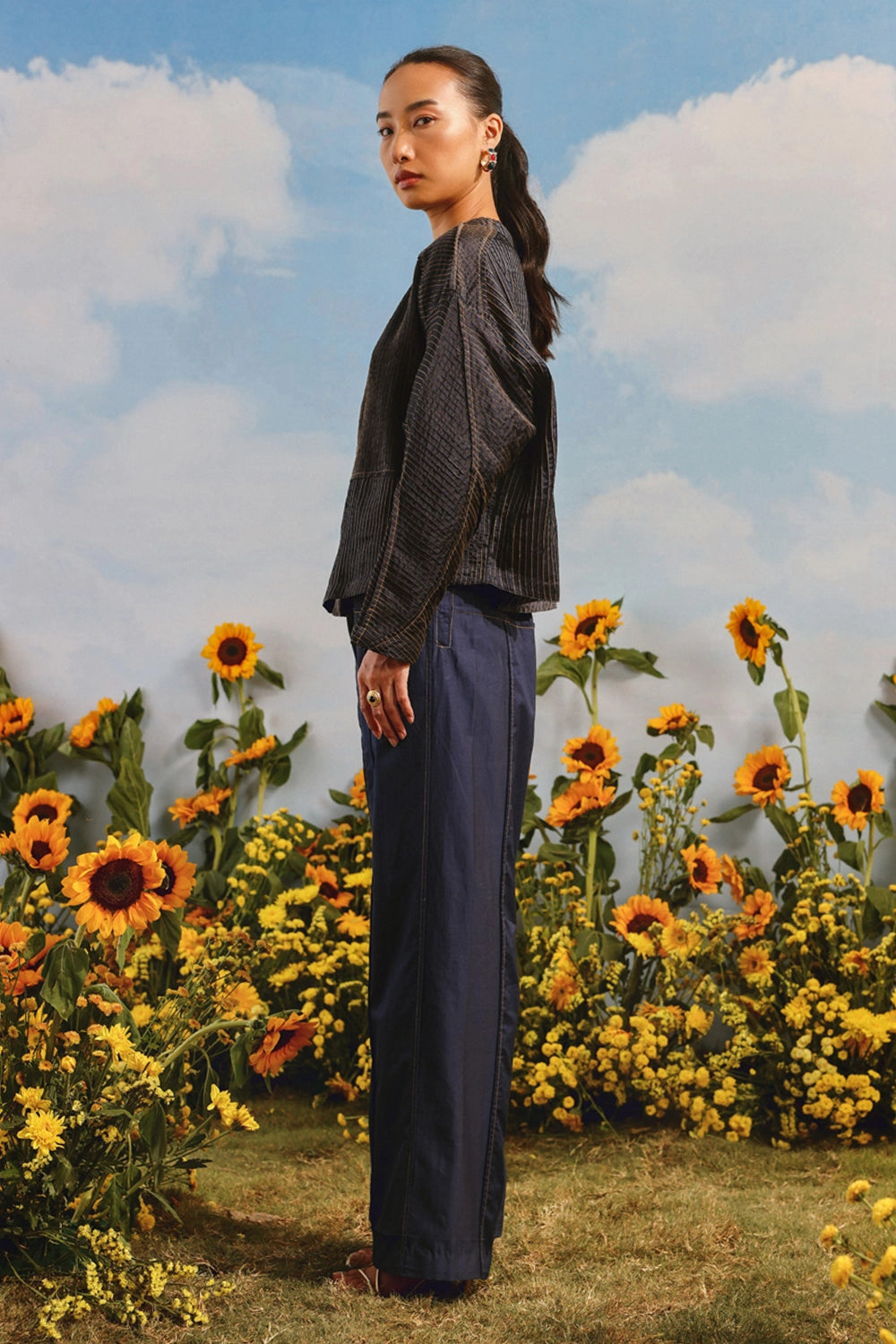 Indigo Pintuck Pleat Jacket With Palazzos