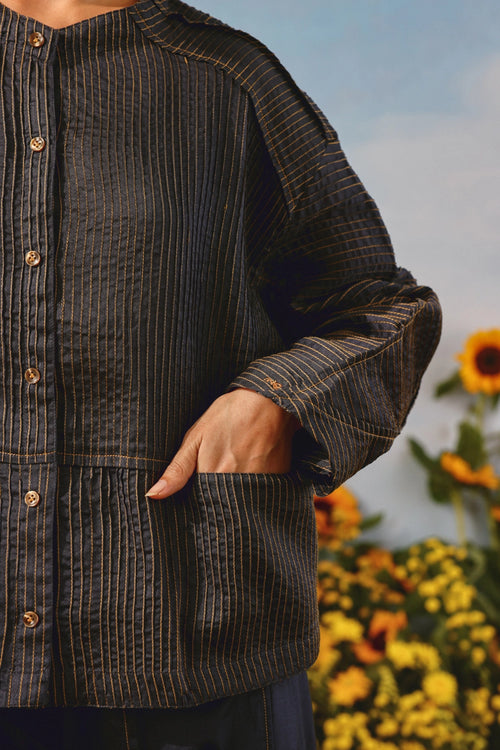 Indigo Pintuck Pleat Jacket With Palazzos