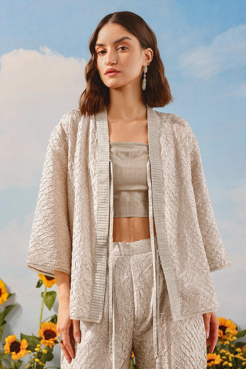 Silver Grey Crushed Bandhani Tie Up Shirt