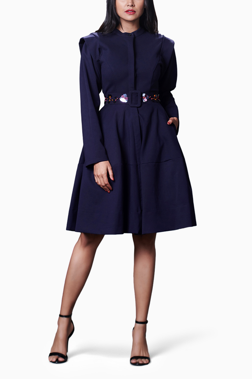 Navy Blue Embroidered Jacket Dress With Belt