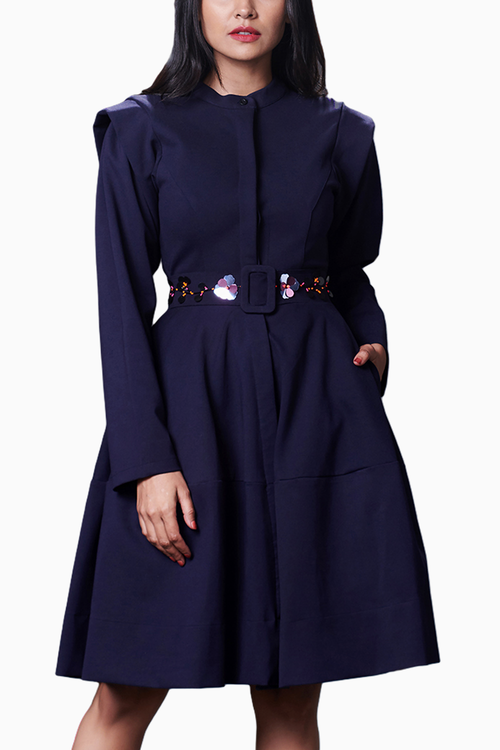 Navy Blue Embroidered Jacket Dress With Belt