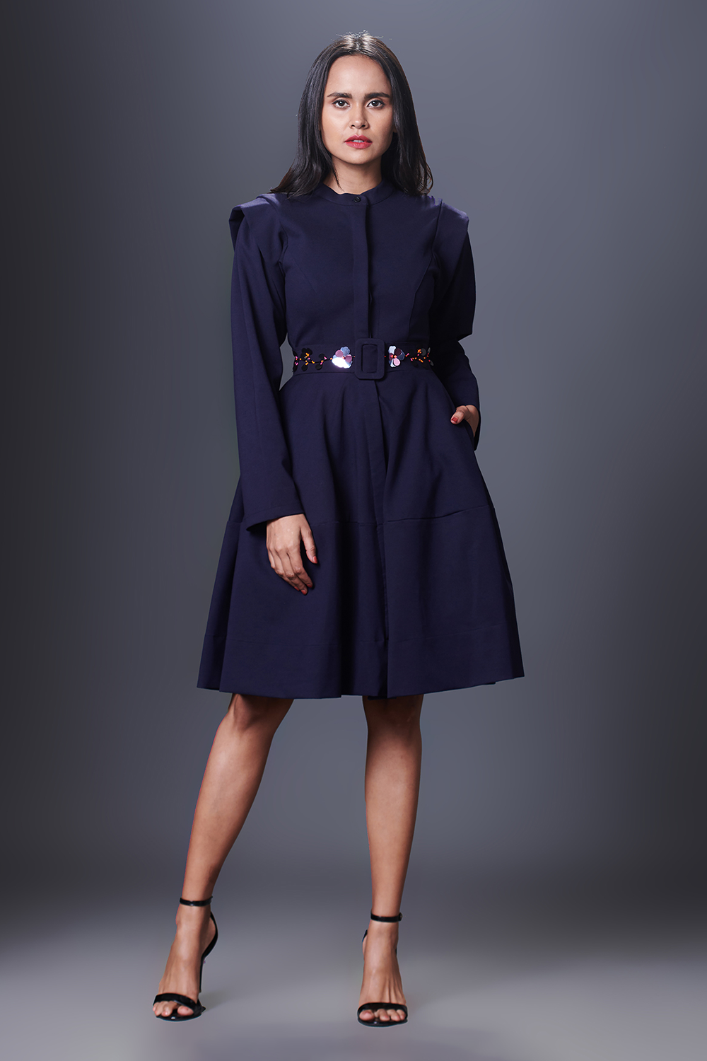 Navy Blue Jacket Dress With Hand Embroidered Belt