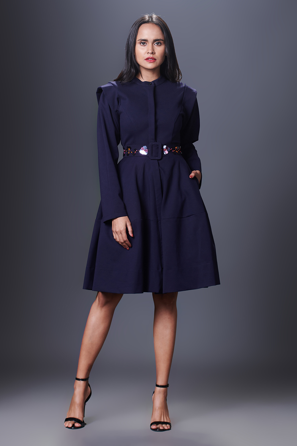 Navy Blue Embroidered Jacket Dress With Belt