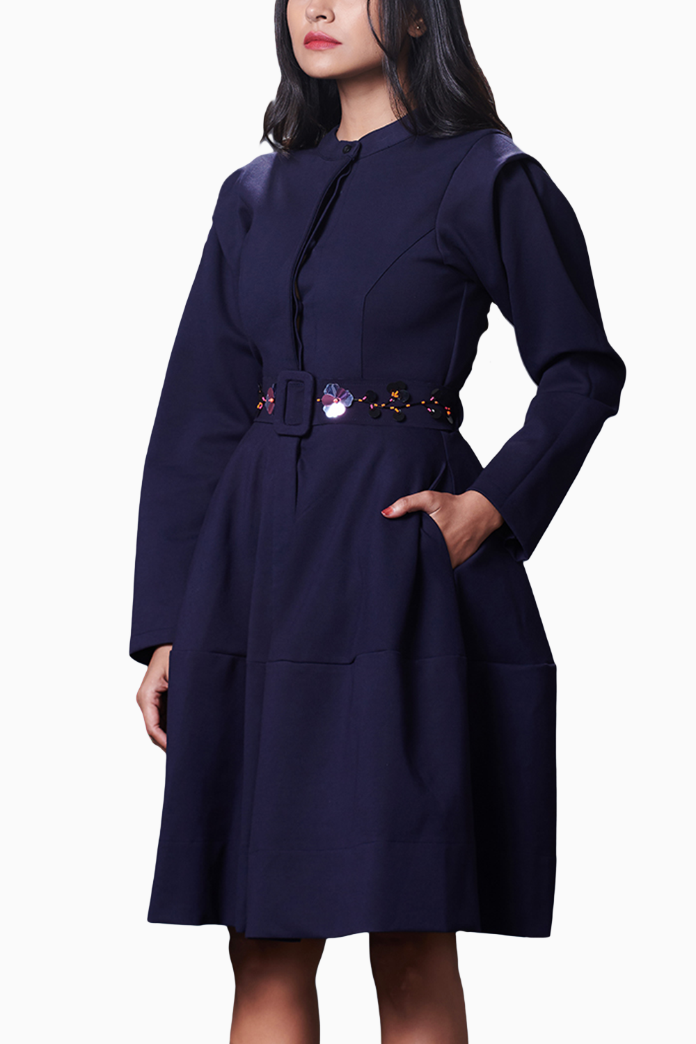 Navy Blue Jacket Dress With Hand Embroidered Belt