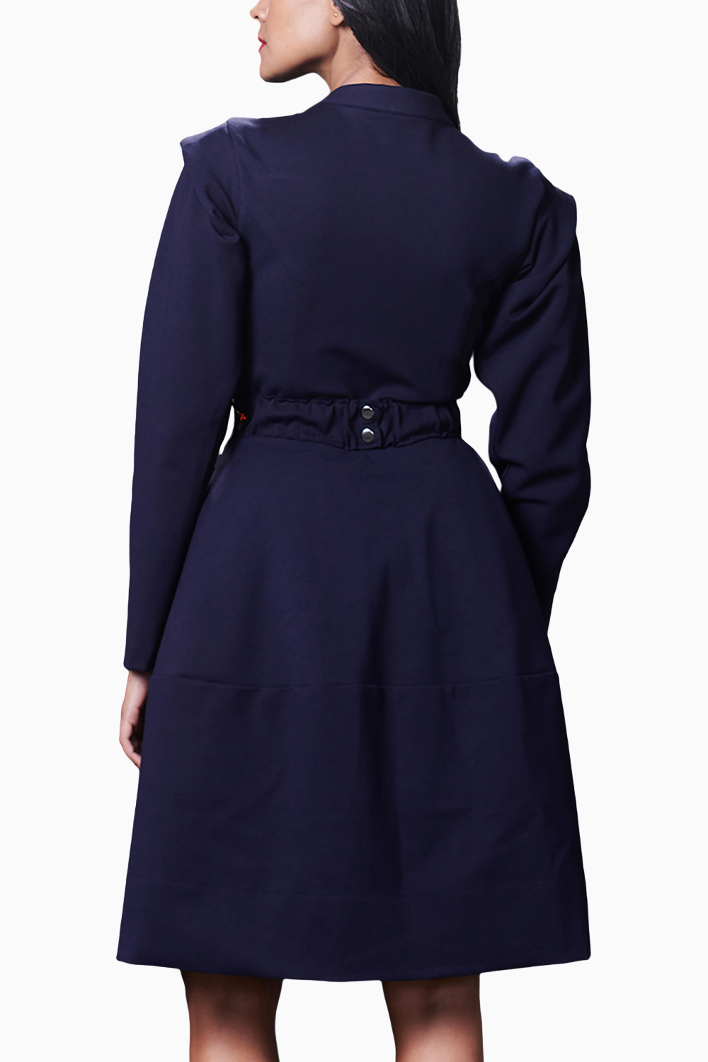 Navy Blue Embroidered Jacket Dress With Belt