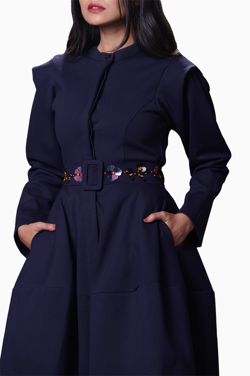 Navy Blue Embroidered Jacket Dress With Belt
