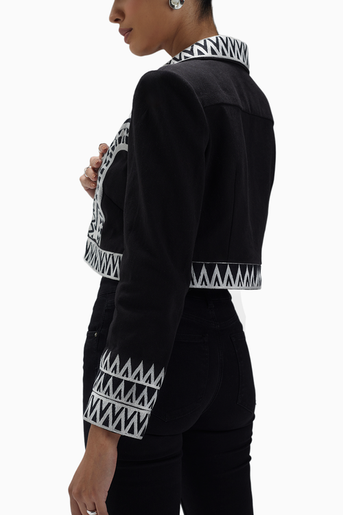 Black Twill White Thread Work Crop Jacket