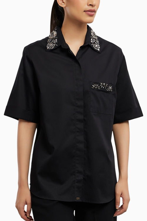 Floral Swarovski Black Shirt
