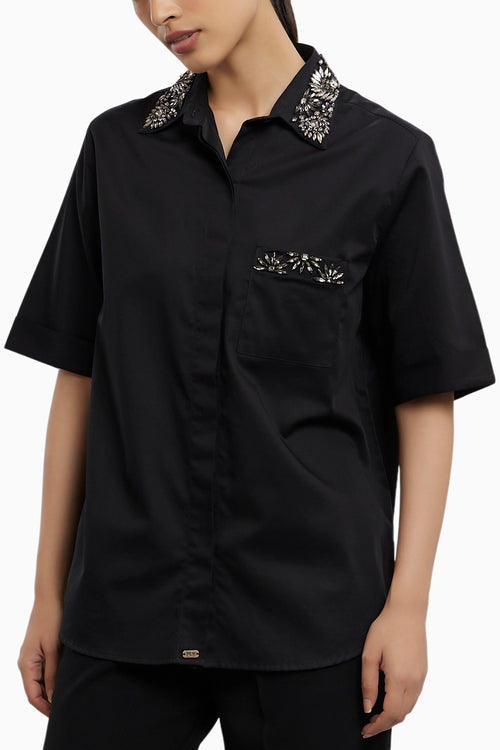 Floral Swarovski Black Shirt