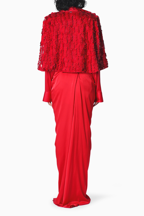 Red Shirt Blouse and Skirt Set with Sequence Max Cape