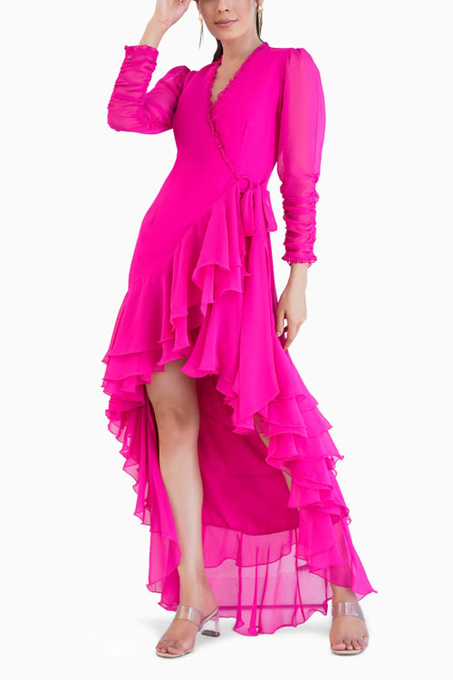 Dark Pink High Low Wrap Dress With Elasticated Sleeves And Fringed Hemline
