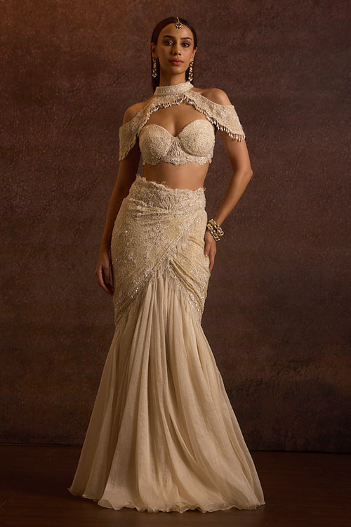 Naisha Ecru Pearl Cape, Bustier Blouse And Fishcut Slit Skirt