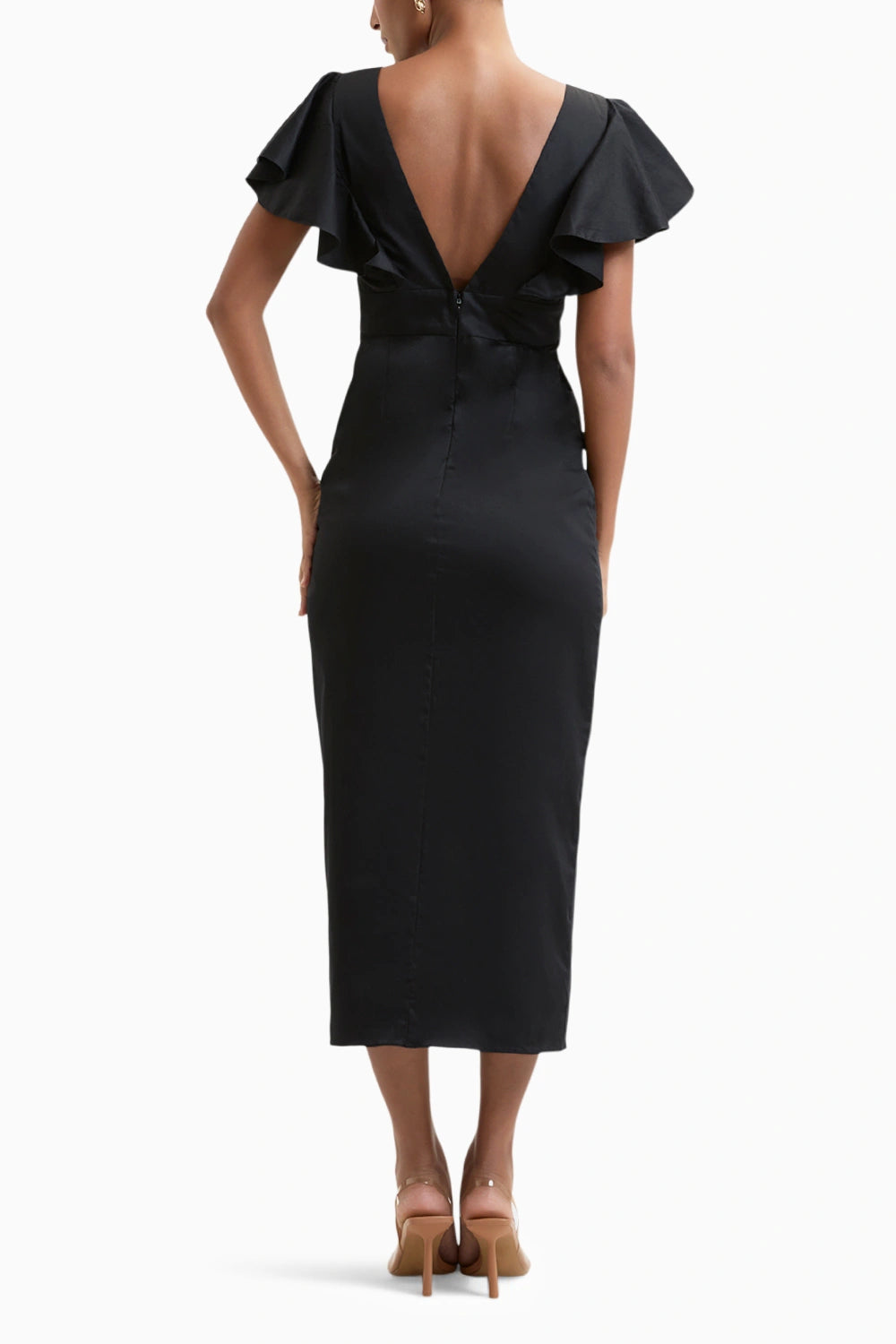 Black Dorian Ruffle Sleeve V-Neck Midi Dress