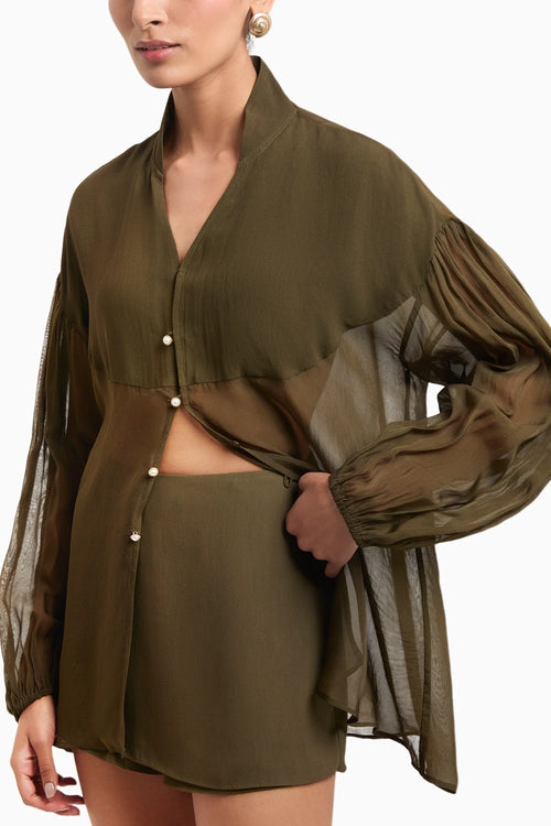 Wine Semi Sheer Organza Shirt With Panelled Mini Skorts