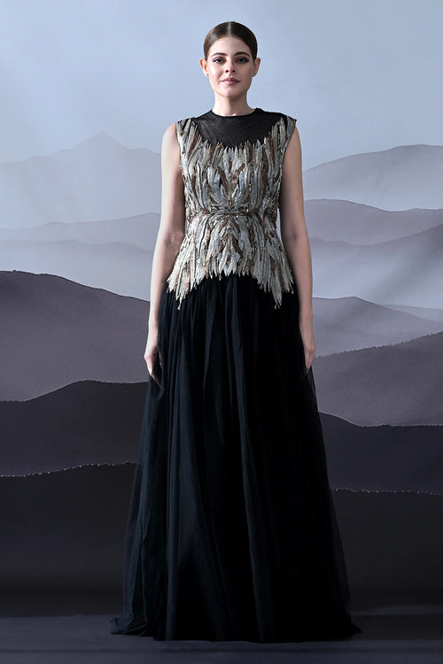 Black Gown With Artisanal Metallic Embroidery And Fluid Draping