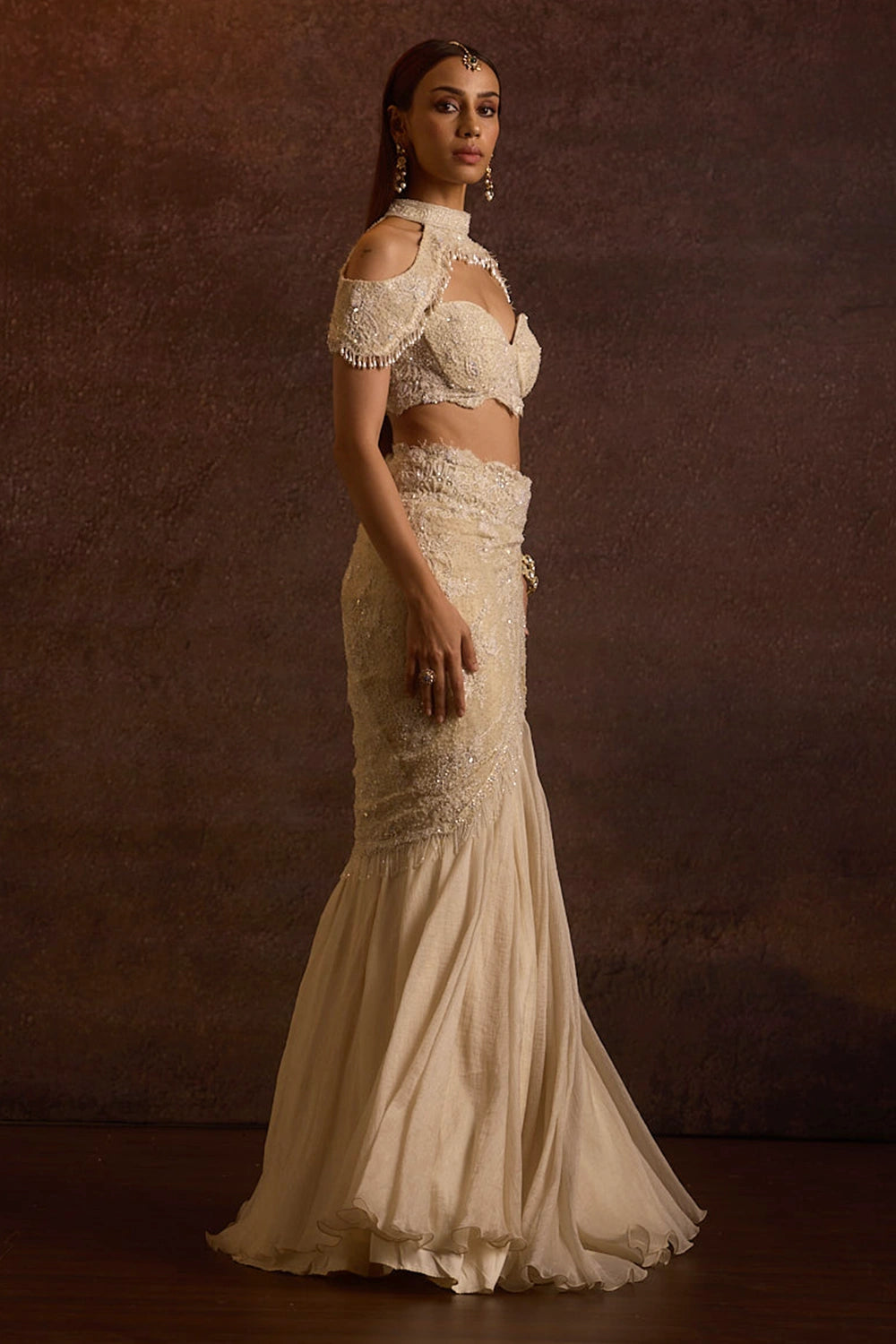 Naisha Ecru Pearl Cape, Bustier Blouse And Fishcut Slit Skirt