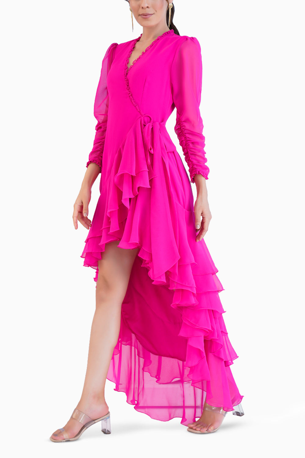 Dark Pink High Low Wrap Dress With Elasticated Sleeves And Fringed Hemline