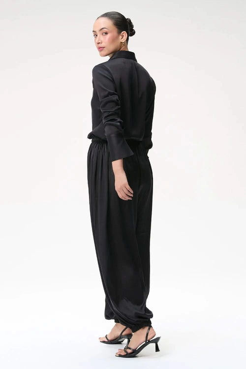 Black Silk Shirt with Balloon Pants