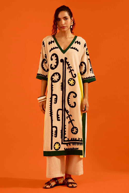 Natural Jute Thread Embroidered Tunic Set with Maasai Motif