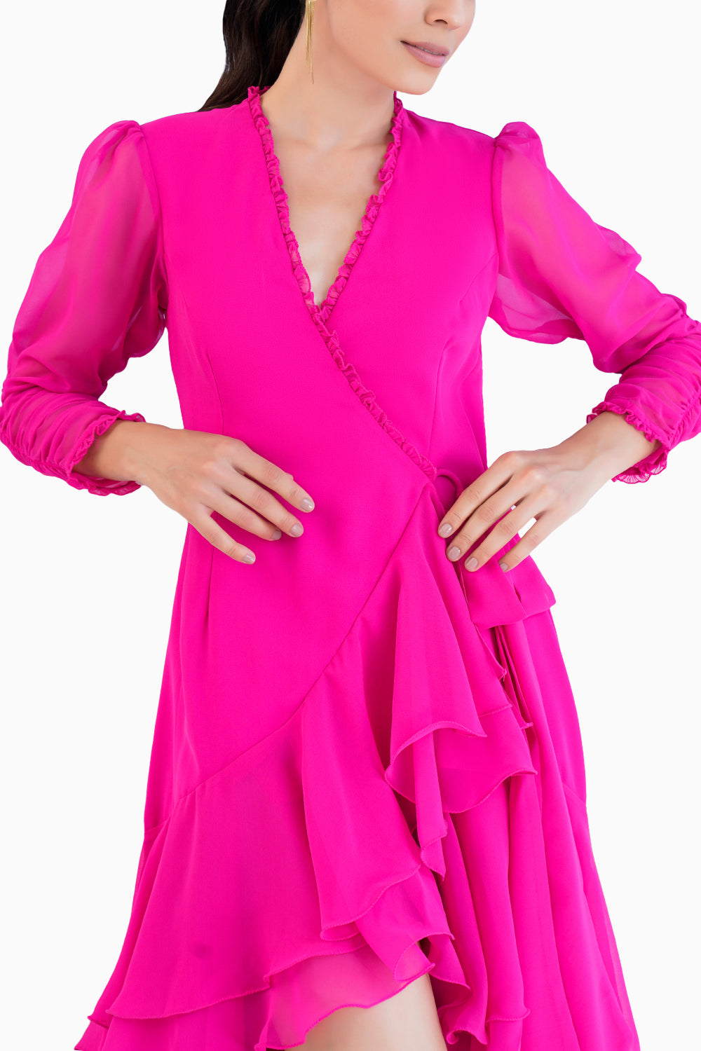 Dark Pink High Low Wrap Dress With Elasticated Sleeves And Fringed Hemline