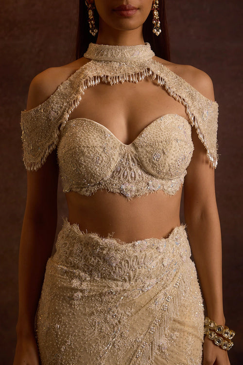 Naisha Ecru Pearl Cape, Bustier Blouse And Fishcut Slit Skirt
