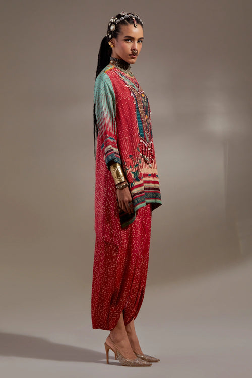 Sindoor Anka Printed Mitra Short Kurta With Drape Trousers