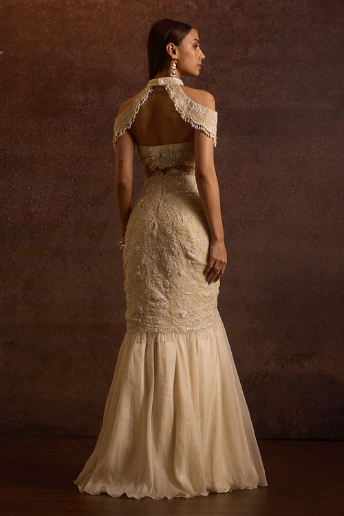 Naisha Ecru Pearl Cape, Bustier Blouse And Fishcut Slit Skirt