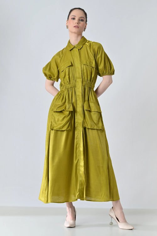 Olive Gathered Utility Dress With Pockets
