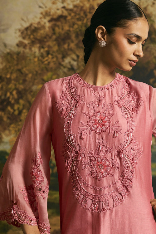 Pink Cutwork And Beadwork Kurta With Narrow Pants