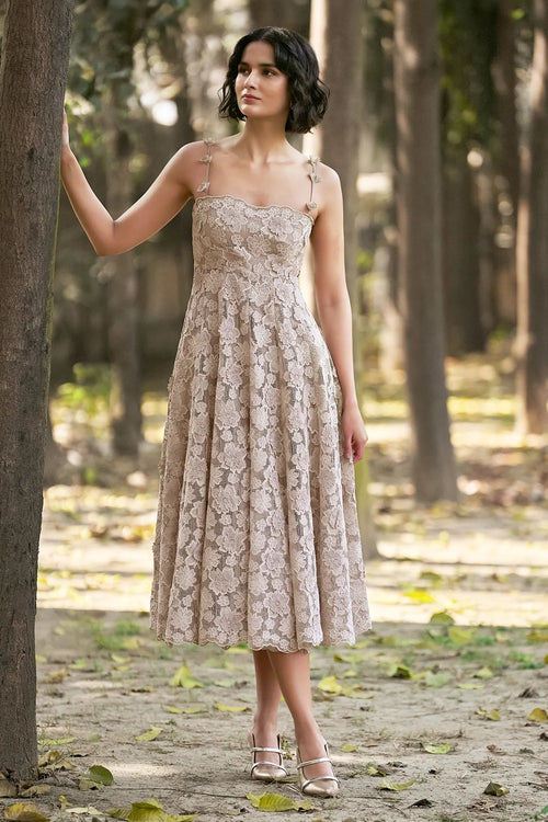 Taupe Floral Appliqué Lace Midi Dress