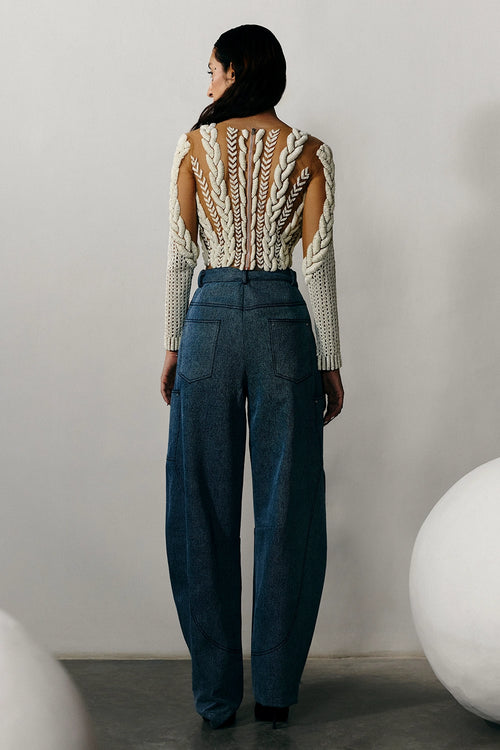 Distressed Denim Barrel Pants