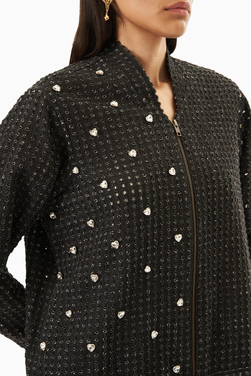Black Denim Lazercut Heart Crystal Co-ord Set